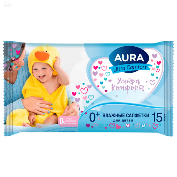 AURA Влажные салфетки детские 0+, без спирта Ultra Comfort 15 шт AURA Влажные салфетки детские 0+, без спирта Ultra Comfort 15 шт