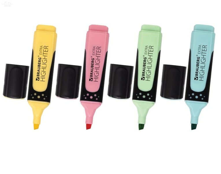 Текстовыделители набор BRAUBERG 4 шт., АССОРТИ, "EXTRA PASTEL", прорезиненный корпус, линия 1-5 мм Текстовыделители набор BRAUBERG 4 шт., АССОРТИ, "EXTRA PASTEL", прорезиненный корпус, линия 1-5 мм